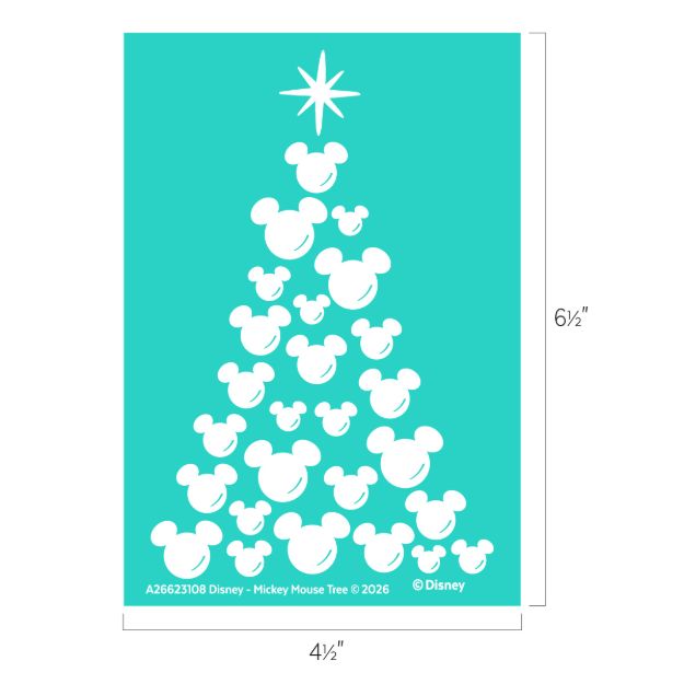 Teal background with a Christmas tree made of white Mickey Mouse head silhouettes, topped with a white star. Dimensions marked as 6 ½ inches tall by 4 ½ inches wide.