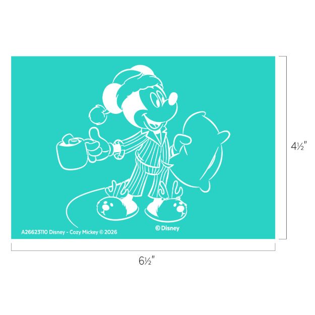 Line art of Mickey Mouse in pajamas, slippers, and a nightcap, holding a mug and pillow. Dimensions are 6½ inches wide by 4½ inches tall. Disney copyright noted at the bottom.