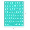 A turquoise sheet with white letters, numbers, and symbols in a playful font. It includes uppercase, lowercase A–Z, numbers 0–9, and symbols: period, exclamation mark, at, hashtag, and ampersand. Sheet is 8.5x11 inches.