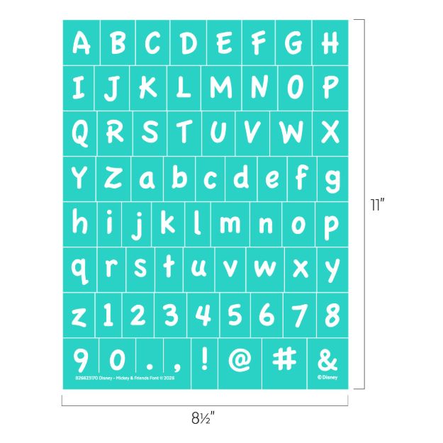 A turquoise sheet with white letters, numbers, and symbols in a playful font. It includes uppercase, lowercase A–Z, numbers 0–9, and symbols: period, exclamation mark, at, hashtag, and ampersand. Sheet is 8.5x11 inches.