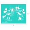Line art of Mickey and Minnie Mouse in winter outfits, holding stacked gift boxes. The background is teal, and image dimensions are 11 inches wide by 8.5 inches tall.