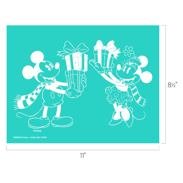 Line art of Mickey and Minnie Mouse in winter outfits, holding stacked gift boxes. The background is teal, and image dimensions are 11 inches wide by 8.5 inches tall.