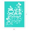Turquoise poster with white text reading “Oh Golly more Holly!” decorated with holly leaves and featuring cartoon mice, one standing and one sitting. Poster dimensions are 8½“ wide by 11″ tall.
