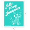 Turquoise poster featuring Mickey Mouse in pajamas, slippers, and a nightcap, with text “Jolly in my Jammies” in large, white script. Dimensions are 8.5 inches by 11 inches.