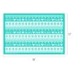 A teal rectangle, 18″ x 12″, features white patterns of snowflakes, hearts, and “Mickey Mouse” text with Mickey Mouse head icons in repeating horizontal rows.