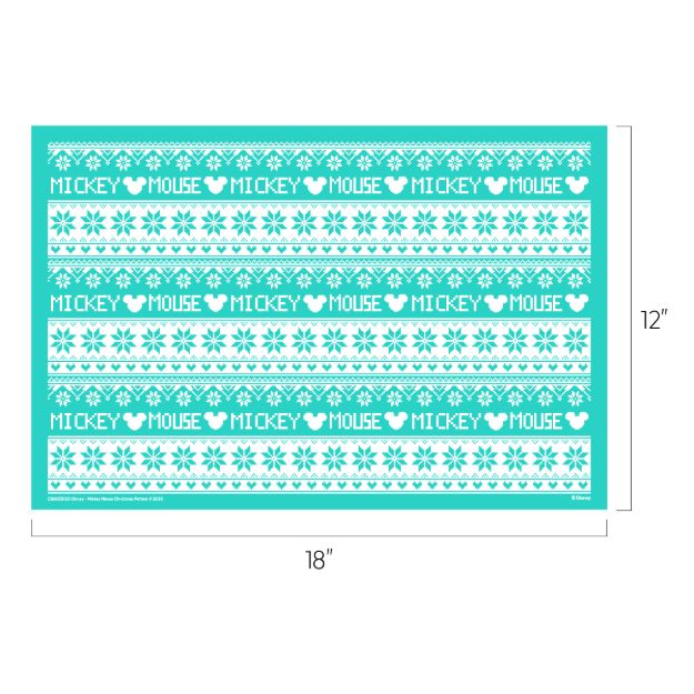 A teal rectangle, 18″ x 12″, features white patterns of snowflakes, hearts, and “Mickey Mouse” text with Mickey Mouse head icons in repeating horizontal rows.