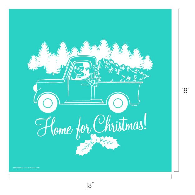 A vintage truck with a dog in the driver’s seat carries a Christmas tree. “Home for Christmas!” is written below, with pine trees and holly in the background. The image measures 18 by 18 inches.