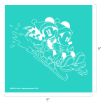 Line art of two cartoon characters wearing winter clothes, sitting together on a sled, smiling as they go downhill. The background is teal, and the image measures 9 by 9 inches.