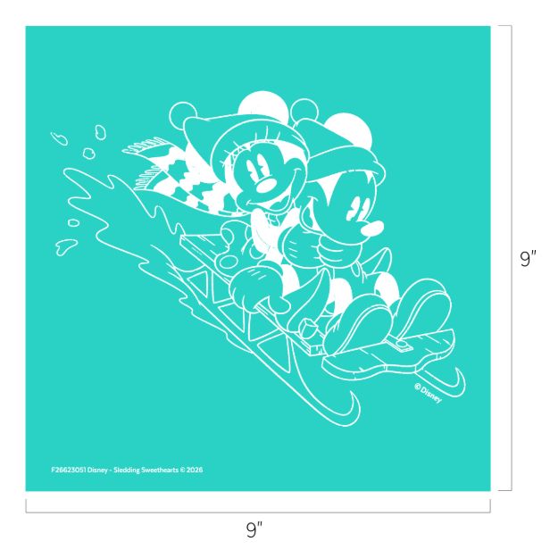 Line art of two cartoon characters wearing winter clothes, sitting together on a sled, smiling as they go downhill. The background is teal, and the image measures 9 by 9 inches.
