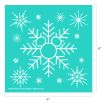 Turquoise square with white snowflakes, including one large snowflake featuring Mickey Mouse-shaped circles in the center. Image dimensions are labeled as 9 inches by 9 inches.