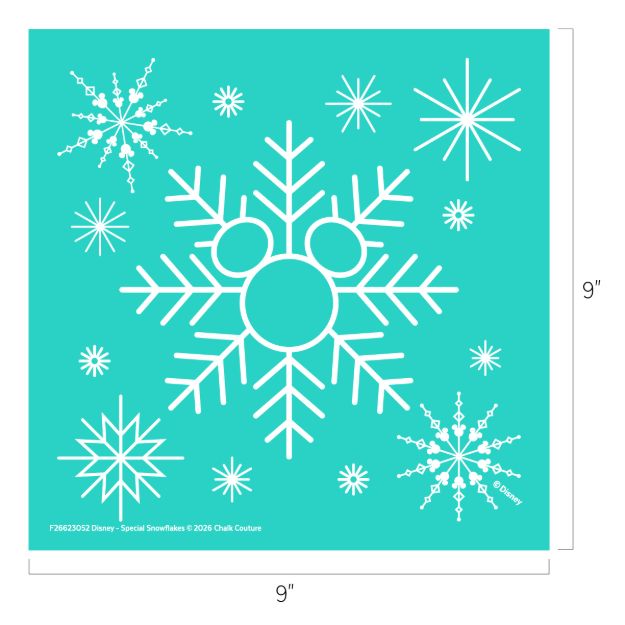 Turquoise square with white snowflakes, including one large snowflake featuring Mickey Mouse-shaped circles in the center. Image dimensions are labeled as 9 inches by 9 inches.