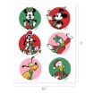 Six Disney characters in festive holiday outfits appear in red, green, and pink circles on an 8.5″ x 11″ sheet: Mickey, Minnie, Goofy, Pluto, Donald, and Daisy Duck.