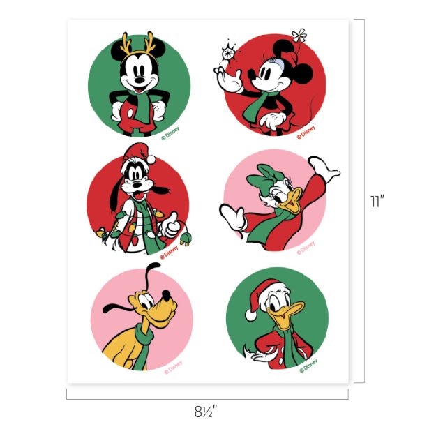 Six Disney characters in festive holiday outfits appear in red, green, and pink circles on an 8.5″ x 11″ sheet: Mickey, Minnie, Goofy, Pluto, Donald, and Daisy Duck.