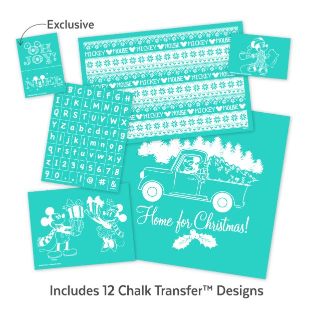 A display of 12 chalk transfer designs with Christmas and Mickey Mouse themes, including alphabet letters, phrases, a vintage truck with trees, and holiday decorations. Text reads, “Includes 12 Chalk Transfer Designs.”.