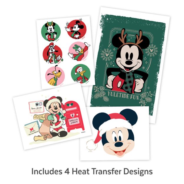 Five festive Mickey and friends holiday heat transfer designs, featuring Mickey and Minnie in Christmas outfits, Mickey with reindeer antlers, Mickey in Santa hat, and Pluto with gifts. Text: “Includes 4 Heat Transfer Designs.”.