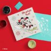 A coloring sheet featuring Mickey and Minnie Mouse sledding with the words “Oh what fun!” surrounded by paint pots and a turquoise stencil on a red background.