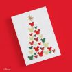 A Christmas card features a tree made from red, green, and gold Mickey Mouse silhouettes, topped with a gold star, on a white background.