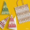Gift bag and three triangular cards with “Mickey Mouse” and Mickey icons in red, green, and tan holiday patterns, displayed on a yellow background.