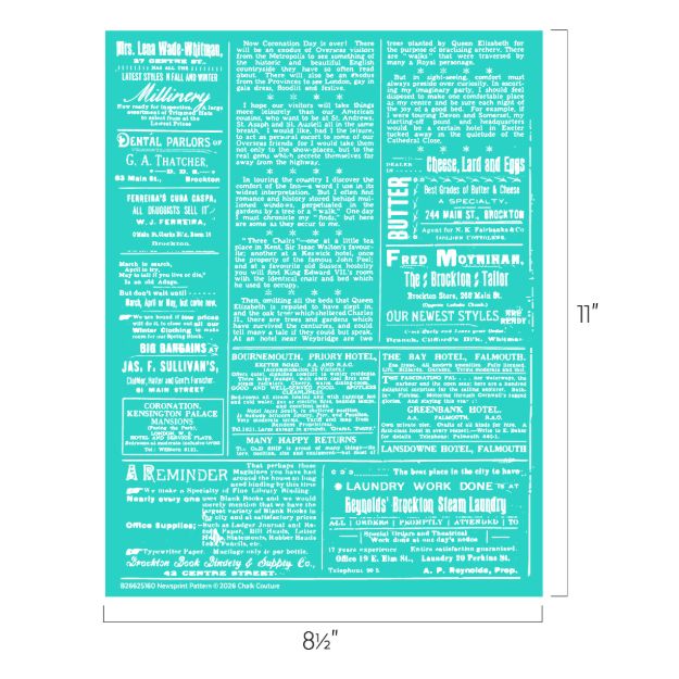 A turquoise poster with white vintage-style ads and classifieds in various fonts; overall dimensions are 8.5 inches wide by 11 inches tall.