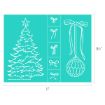 Teal stencil with white outlines of a Christmas tree, bows in various styles, and an ornament with a ribbon. The stencil measures 11 inches by 8.5 inches.