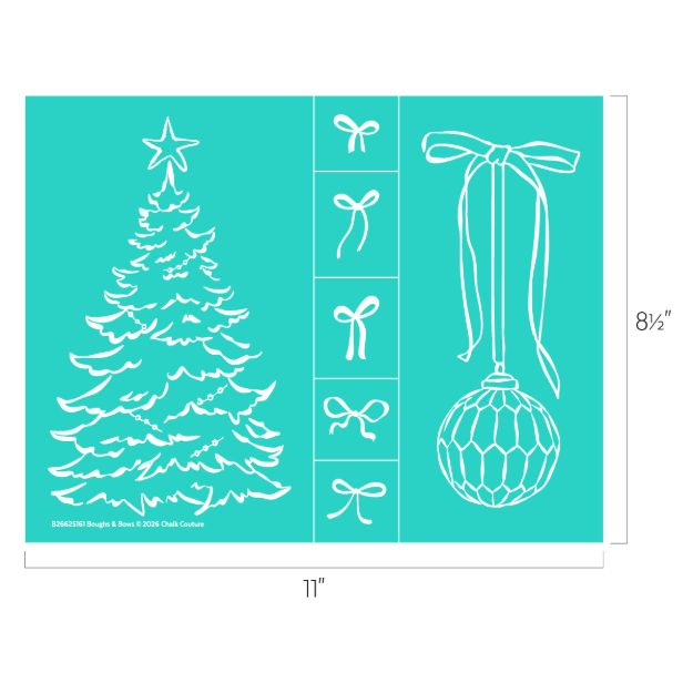 Teal stencil with white outlines of a Christmas tree, bows in various styles, and an ornament with a ribbon. The stencil measures 11 inches by 8.5 inches.