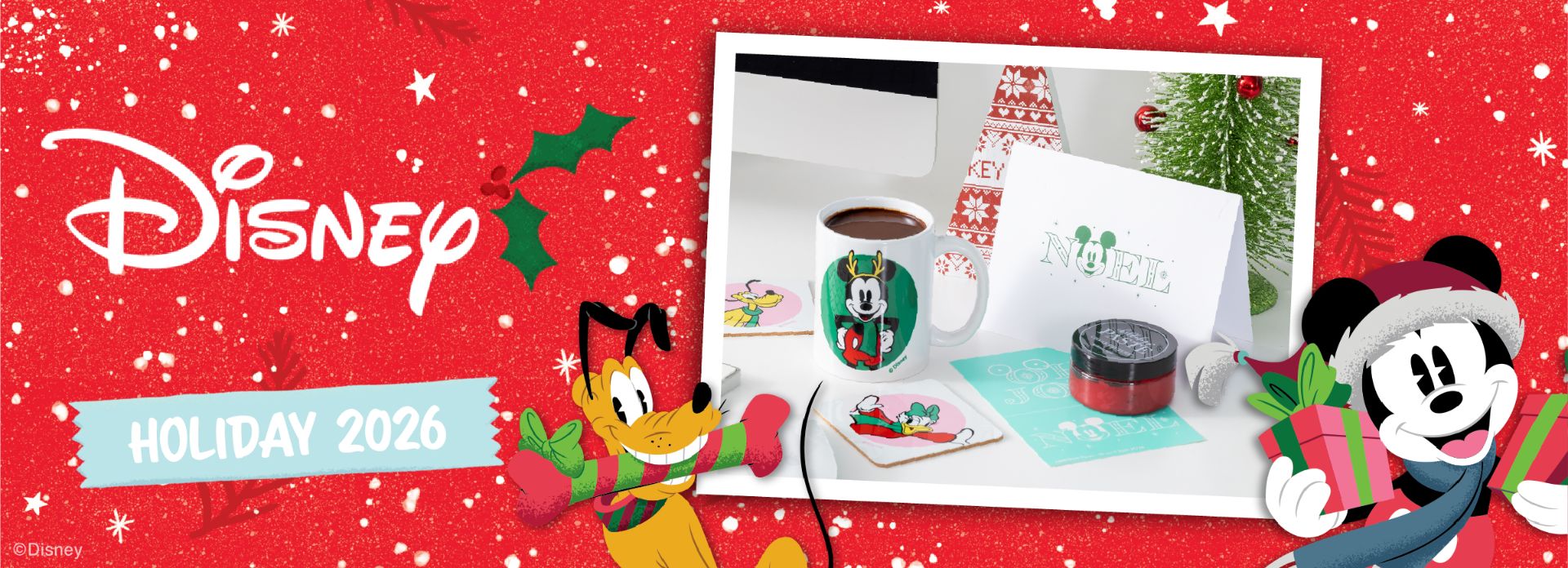 Mickey Mouse holds a present next to Pluto and Disney gifts, including a mug, cookie, and holiday card, on a festive red background with “Holiday 2026” written in white and blue.