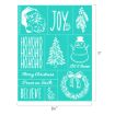 Teal stencil sheet with white Christmas designs, including Santa, “JOY,” tree, snowman, wreath, holly, ornaments, “HOHOHO,” “Merry Christmas Peace on Earth,” “Let it Snow,” and “BELIEVE.” Dimensions: 8.5″x11″.