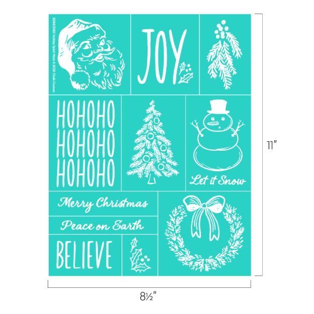 Teal stencil sheet with white Christmas designs, including Santa, “JOY,” tree, snowman, wreath, holly, ornaments, “HOHOHO,” “Merry Christmas Peace on Earth,” “Let it Snow,” and “BELIEVE.” Dimensions: 8.5″x11″.