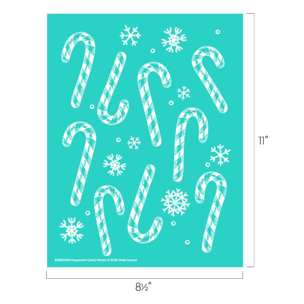 A teal background with white peppermint candy canes and snowflakes. The image dimensions are 8.5 inches wide by 11 inches tall.