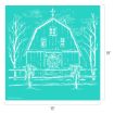 A white line drawing of a barn with a wreath on the door, bare trees, and fence with garlands, on a teal background. The image dimensions are 18 by 18 inches.