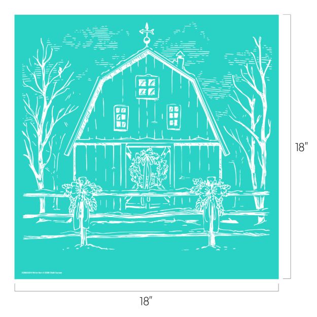 A white line drawing of a barn with a wreath on the door, bare trees, and fence with garlands, on a teal background. The image dimensions are 18 by 18 inches.