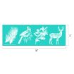 A teal rectangle with white illustrations of a pine branch, a bird on a branch, holly leaves, and a deer. The rectangle measures 18 inches wide by 6 inches tall.