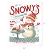 A cheerful snowman in a red hat and mittens serves treats at “Snowy’s Creamery,” with ice cream, candy canes, cookies, and cocoa on a table. Text reads, “no hat, no mittens, no service.”.