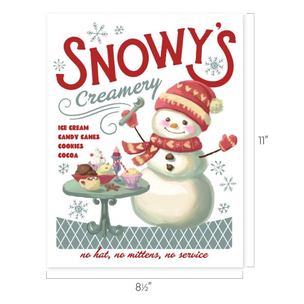 A cheerful snowman in a red hat and mittens serves treats at “Snowy’s Creamery,” with ice cream, candy canes, cookies, and cocoa on a table. Text reads, “no hat, no mittens, no service.”.