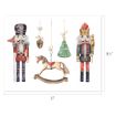 Watercolor illustrations of two nutcrackers, a rocking horse, heart and tree ornaments, all hanging. Image dimensions are 11 inches wide by 8.5 inches tall.
