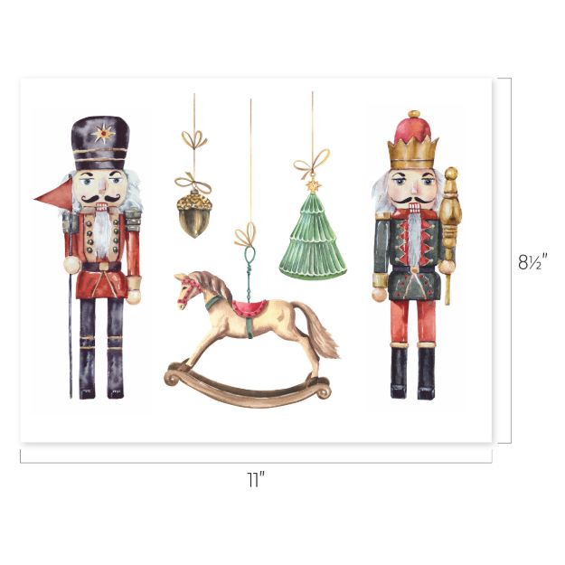 Watercolor illustrations of two nutcrackers, a rocking horse, heart and tree ornaments, all hanging. Image dimensions are 11 inches wide by 8.5 inches tall.