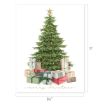 A decorated Christmas tree with a gold star topper and lights, surrounded by various wrapped presents. The words “merry christmas” are written in gold script at the bottom. The card measures 8.5″ by 11″.