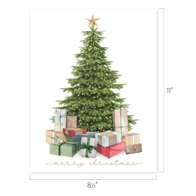 A decorated Christmas tree with a gold star topper and lights, surrounded by various wrapped presents. The words “merry christmas” are written in gold script at the bottom. The card measures 8.5″ by 11″.