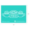 Turquoise graphic featuring the “Central Perk” logo with two steaming coffee cups on either side. Dimensions shown: 6.5 inches wide by 4.5 inches tall. Warner Bros. copyright text at the bottom.