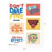 A sheet of six colorful “Ted Lasso” quote stickers, featuring phrases like “Don’t you dare settle for fine” and “Lust Conquers All,” with bold text and playful designs on an 8.5” x 11” page.