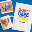 A white mug, coaster, and notebook with colorful Ted Lasso quotes: “GARBAGE WATER,” “The TRUTH will set you FREE,” and “DON’T you DARE settle for FINE,” arranged on a blue background.