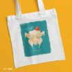 A white tote bag with a graphic of a turkey wearing glasses and a fez hat, referencing “Friends” with the text “The One With The Turkey” on a teal background.