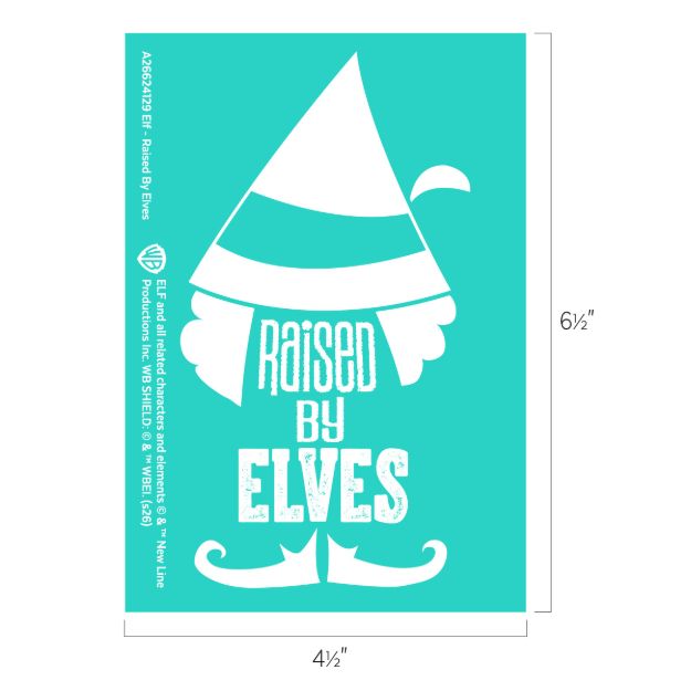 Teal craft stencil featuring a white silhouette of an elf hat above the text “RAISED BY ELVES” and a curly elf mustache, with product dimensions of 4.5 by 6.5 inches.