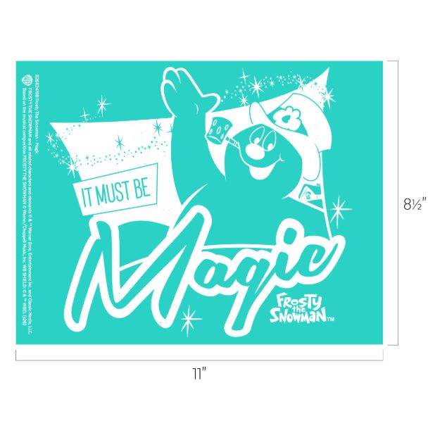 Graphic of Frosty the Snowman smoking a pipe, with text reading “IT MUST BE Magic” and “FROSTY THE SNOWMAN” on an 11 by 8.5-inch rectangular teal background.