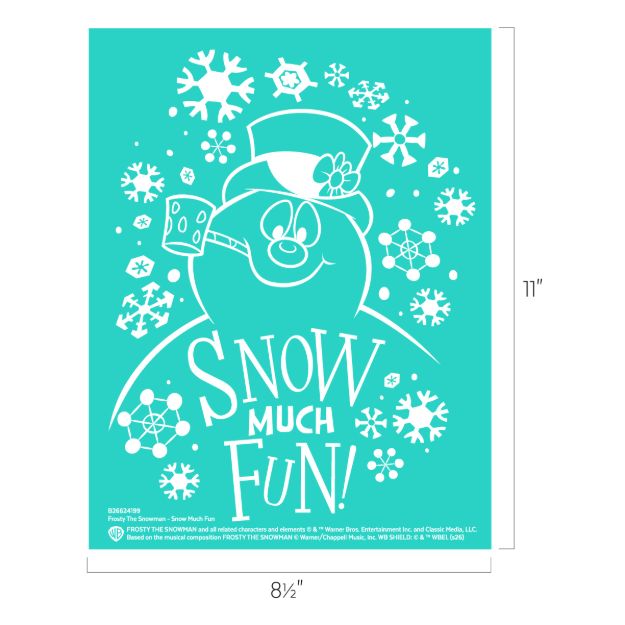 Frosty the Snowman stencil design featuring snowflakes and the text “SNOW MUCH FUN!”.