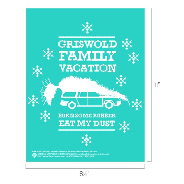 Teal poster featuring a pixelated Christmas tree on a station wagon, the text “GRISWOLD FAMILY VACATION,” “BURN SOME RUBBER,” and “EAT MY DUST,” surrounded by snowflakes, with dimensions labeled 8 1/2″ by 11″.