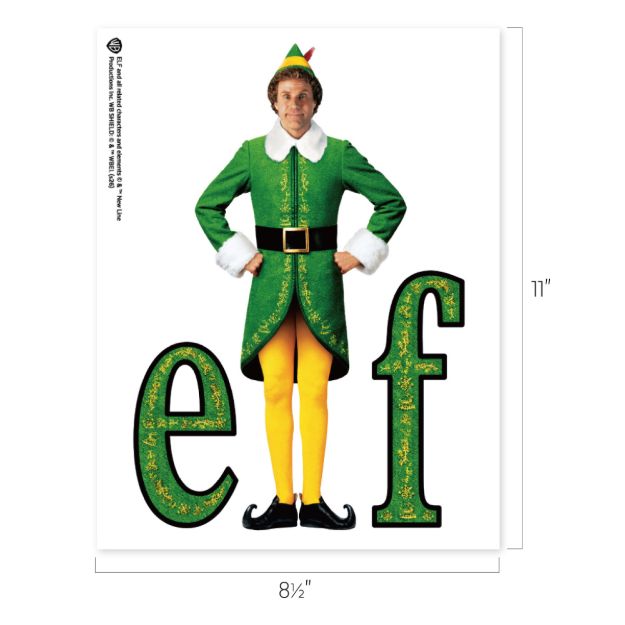 Buddy the Elf stands between the letters “e” and “f” to spell the word “elf.”