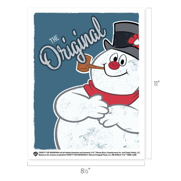 An 8.5 by 11-inch print of Frosty the Snowman wearing a top hat and red scarf, with the text “The Original” above him.