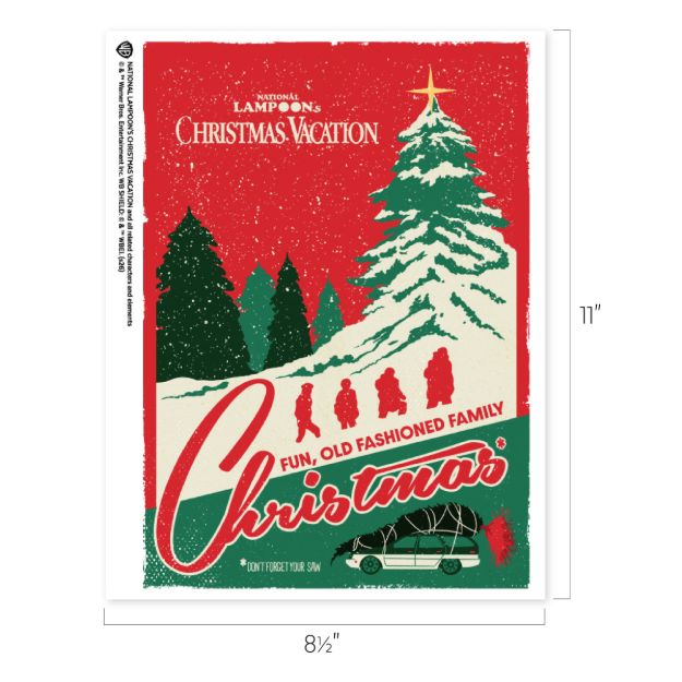 Stylized poster for National Lampoon’s Christmas Vacation featuring a snowy forest, the Griswold family silhouettes, and a station wagon carrying a Christmas tree.