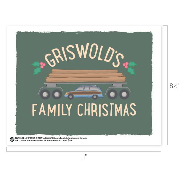 Griswold’s Family Christmas poster featuring an illustration of a station wagon carrying a log on its roof, measuring 8.5 by 11 inches.